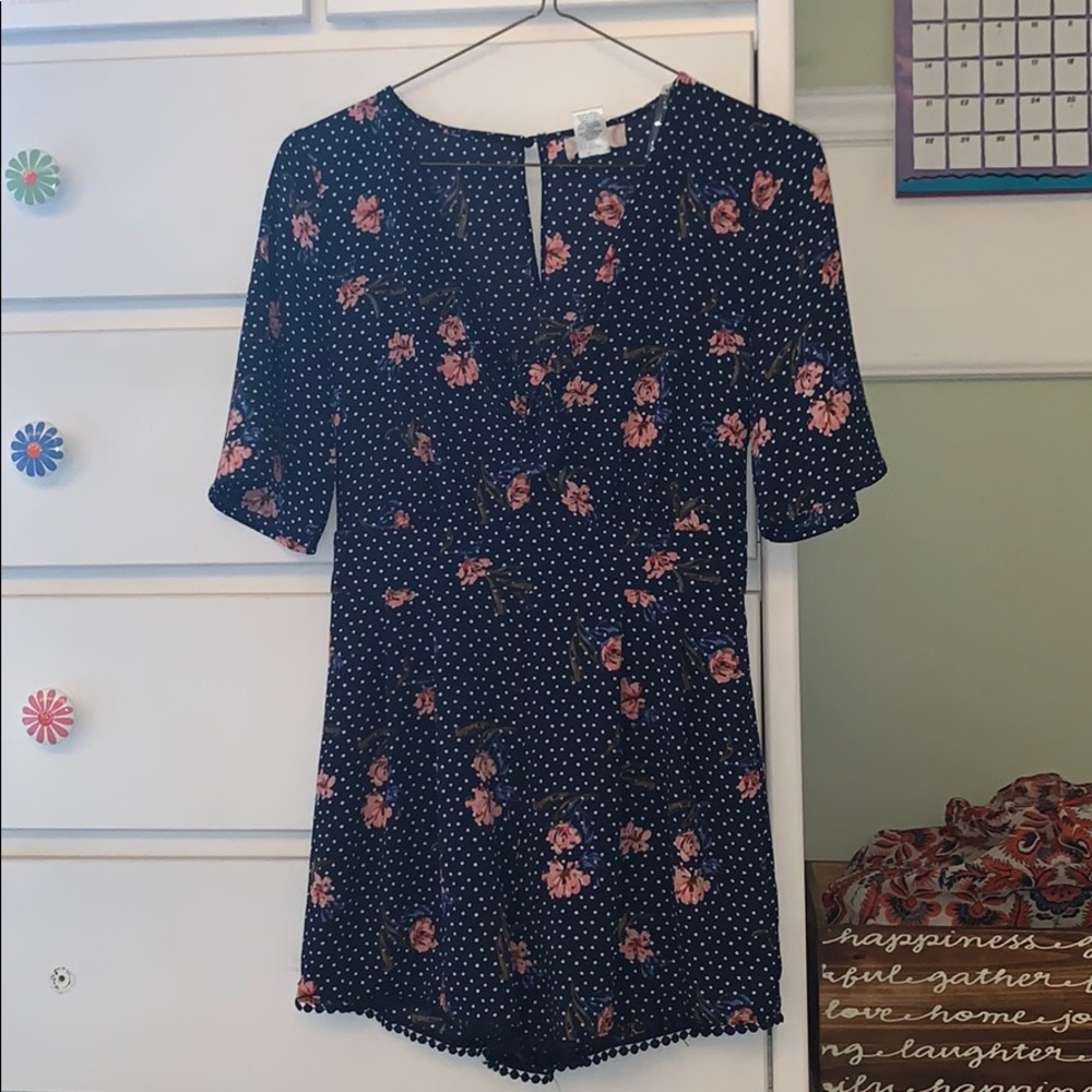 Navy Blue Polka-Dot/Floral Romper